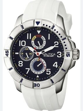 Preowned Nautica White Strap Navy Dial Multifunction Sport Watch